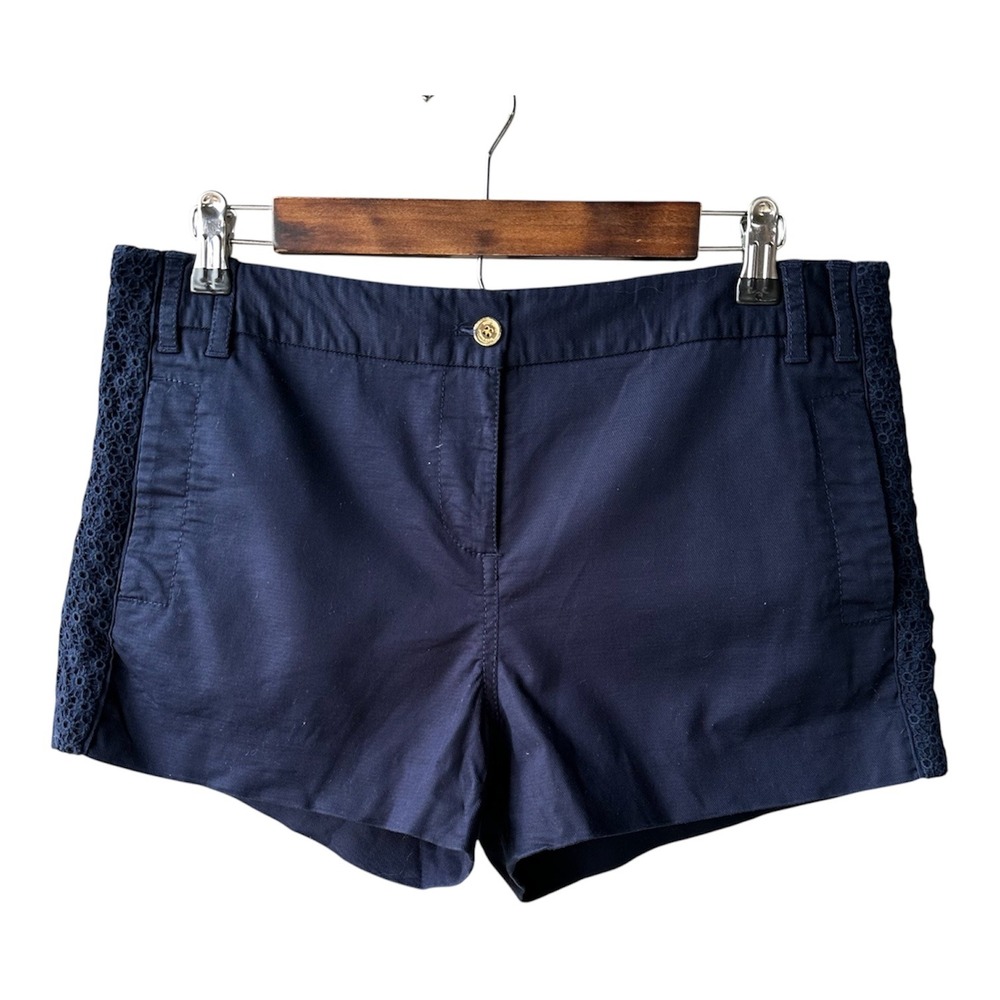 Tory Burch Shorts Navy Blue Eyelet Lace Trim Chino Gold Logo Button Size 8